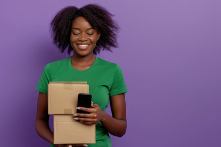 Woman holding stack of parcel and looking at mobile phone.の素材