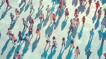 Crowd of people in pastel colors walking on the street aerial view.の素材