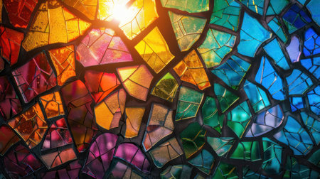 Colorful stained glass background made of broken pieces each reflecting different colors and shapes.の素材