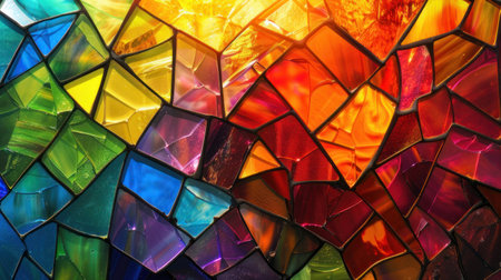 Colorful stained glass background made of broken pieces each reflecting different colors and shapes.の素材