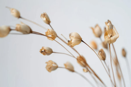 Dried flax or fluffy boho dried flowers, natural brown texture on a white background.の素材