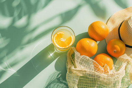 Summer Hat and mesh bag with oranges on the table on green background.の素材