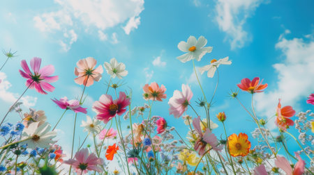 Colorful cosmos flowers in the meadow on a blue sky background.の素材