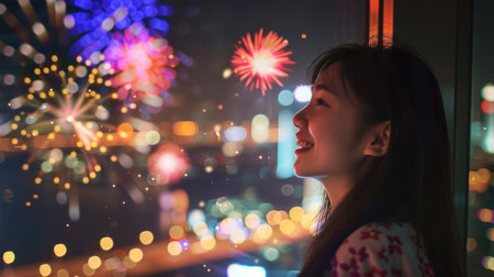 Woman smiling and looking at a fireworks display on a city background, for a New Year concept.の素材