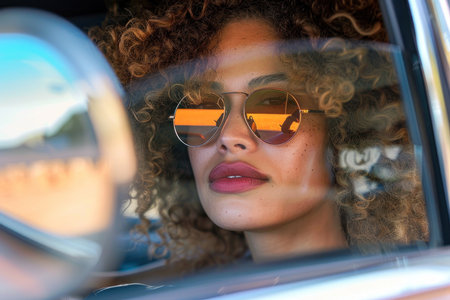 Woman with curly hair and sunglasses is reflected in the rear view mirror of her car.の素材
