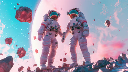An astronaut and his wife standing on the ground holding hands in space with floating rocks.の素材