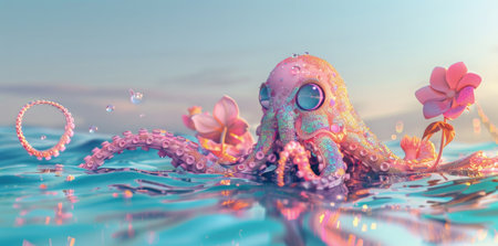 3d render of cute little pastel colored sea monster with long tentacles and flowers.の素材
