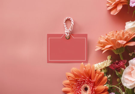 Blank red tag placed against an isolated pastel peach with flower background.の素材