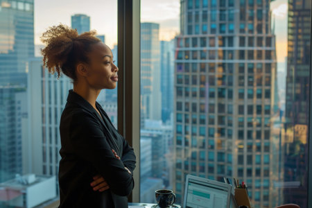 A confident businesswoman stands in her modern office.の素材