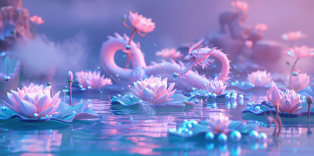 3d render of magical fantasy water scene with blue and purple gradient sky, fantasy flowers on floating islands.の素材