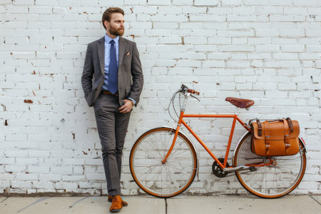 Businessman hold bag go to work with bicycle.の素材