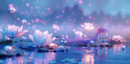 3d render of magical fantasy water scene with blue and purple gradient sky, fantasy flowers on floating islands.の素材