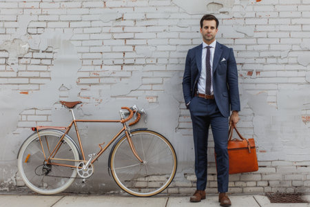 Businessman hold bag go to work with bicycle.の素材