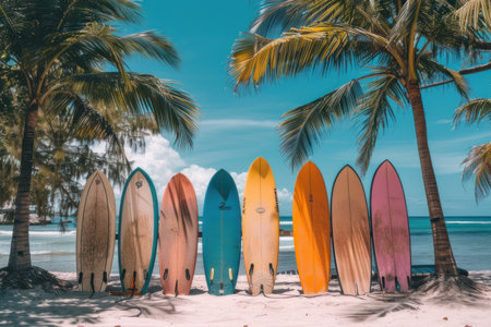 Colorful surfboards standing on the beach under palm trees.の素材