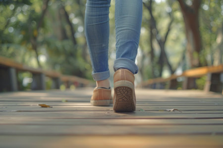 Close up of someone feet walking on an outdoor wooden path.の素材