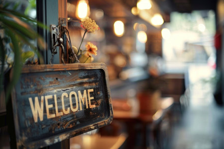 A photo of an open sign hanging on the door with text WELCOMEの素材