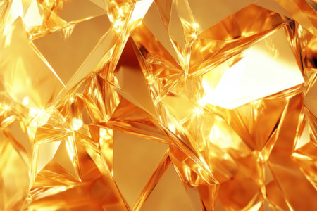 3D rendering of a yellow crystal background with golden light reflection.の素材