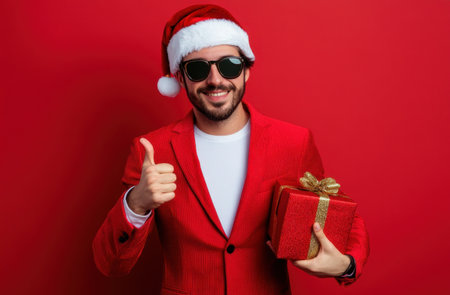 Man in red suit and sunglasses wearing Santa Claus hat giving thumbs up holding gift box.の素材