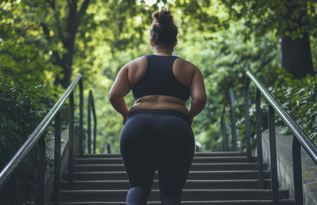 An overweight woman going up the stairs in the park.の素材