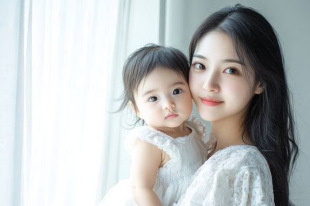 Young mother holding a cute baby girl in a white dress.の素材