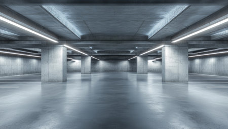 Empty underground parking lot with concrete walls and a grey floor.の素材