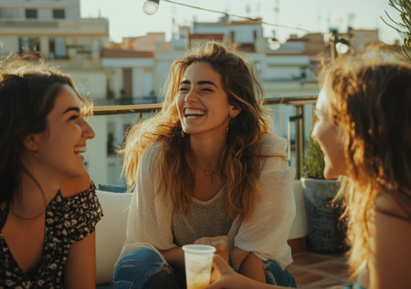 Friends having fun and laughing while drinking beer at rooftop.の素材