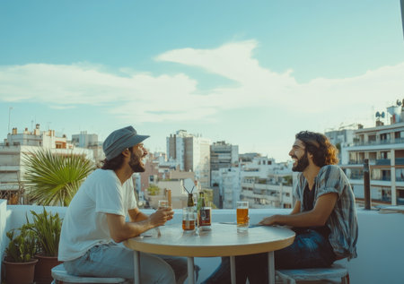 Friends having fun and laughing while drinking beer at rooftop.の素材