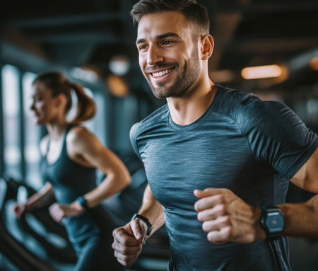 Man and woman running on a treadmill in a fitness club.の素材