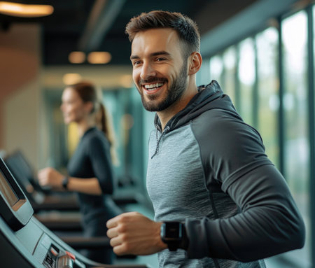 Man and woman running on a treadmill in a fitness club.の素材