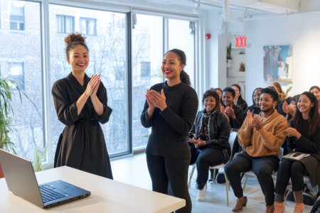 Business people clapping and celebrating in the boardroom after a successful meeting or presentation at the office.の素材