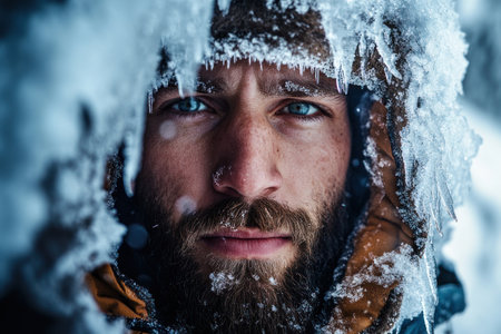 Young man in winter with fur and hood posing for the camera.の素材