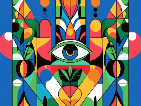 symmetrical pattern with colorful geometric shapes and an eye in the center.の素材