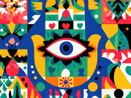 symmetrical pattern with colorful geometric shapes and an eye in the center.の素材