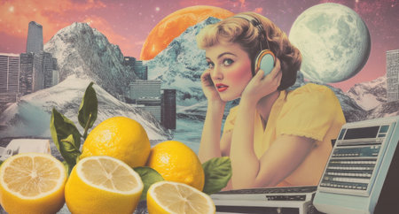 A collage of retro style image woman holding an old vintage telephone.の素材