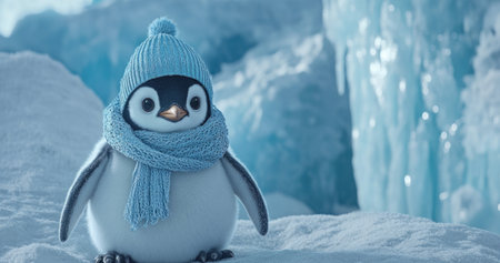 Penguin wearing an oversized scarf and hat stands in front of blue icebergs.の素材