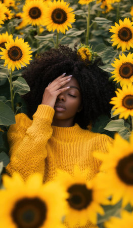 A close up of a person wearing a yellow sweater with their hand on their face.の素材