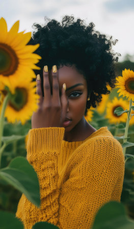 A close up of a person wearing a yellow sweater with their hand on their face.の素材