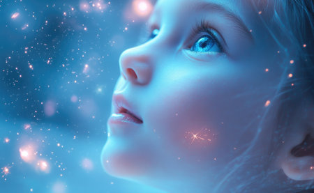 Close up of a young woman face, with ethereal light Floating stars appear around her headの素材