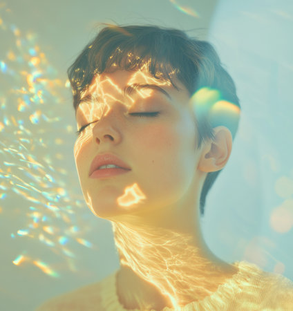 Woman with short hair,closed eyes ethereal lighting effects pastel colors.の素材