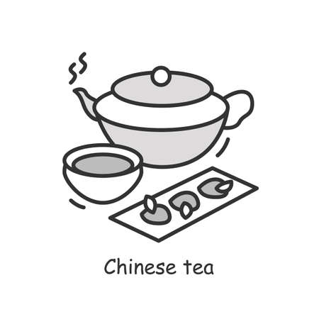 Chinese tea icon. Green tea teapot with cup and dessert simple vector illustrationのイラスト素材
