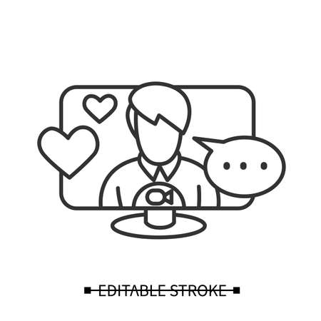 Man dating online icon, video chat screen with speech bubble and love heart. Editable vectorのイラスト素材
