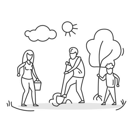 Gardening icon. Family planting tree. Thin line simple vector illustration.のイラスト素材
