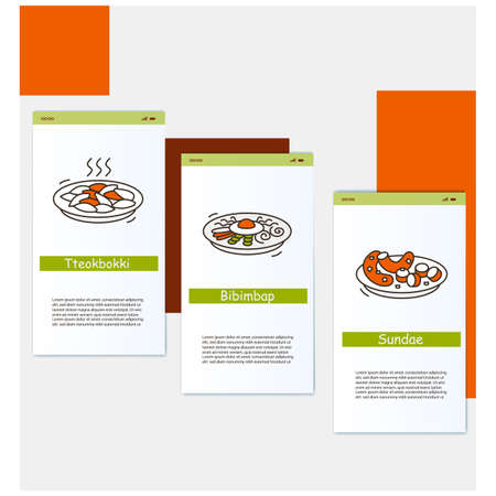 Korean dishes onboarding mobile app page screensのイラスト素材