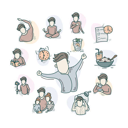 Productive morning routine color icons collectionのイラスト素材