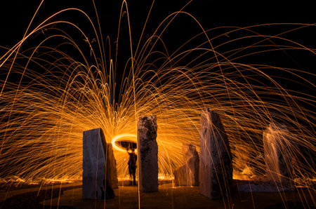 burning steel wool, long exposed to light and spark linesの写真素材