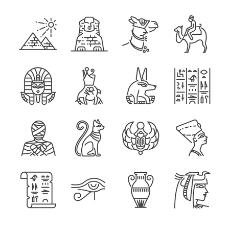 Egypt line icon set. Included the icons as Pharaoh, pyramid, mummy, Anubis, Camel and more.のイラスト素材