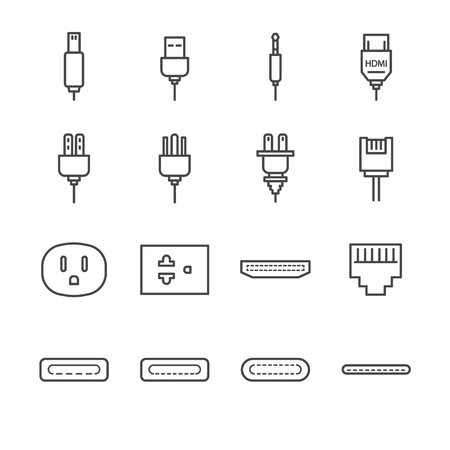 Plug and socket line icon set. Included the icons as electrical plug, usb, socket, audio jack, receptacle and more.のイラスト素材