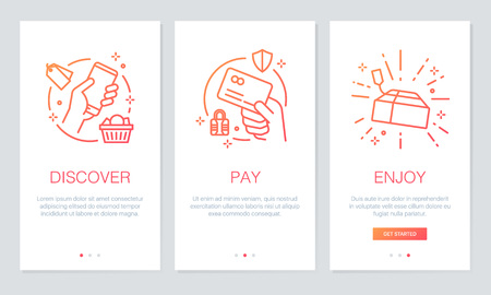 Shopping online concept onboarding app screens. Modern and simplified vector illustration walkthrough screens template for mobile apps.のイラスト素材