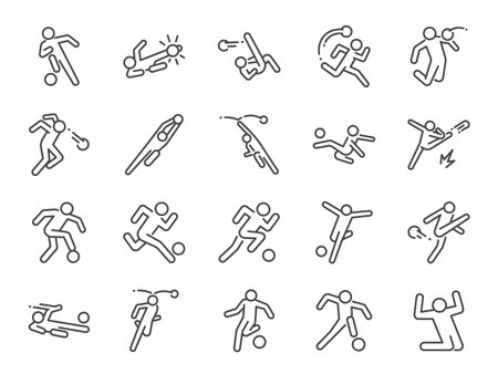 Soccer in actions line icon set. Included icons as football player, goalkeeper, dribble, overhead kick, volley kick, shoot and more.のイラスト素材