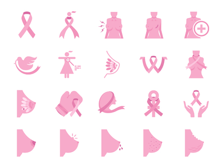 Breast cancer sign icon set. Included icons as ribbon, awareness, symptoms, nipple and more.のイラスト素材